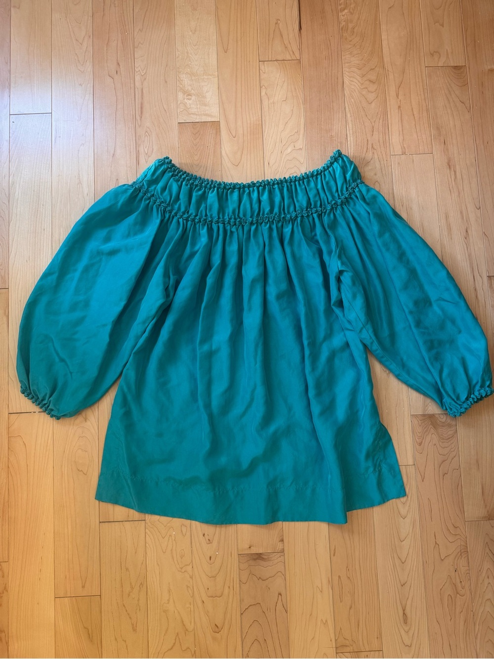 Vintage Escada Teal Off-Shoulder Silk Blouse